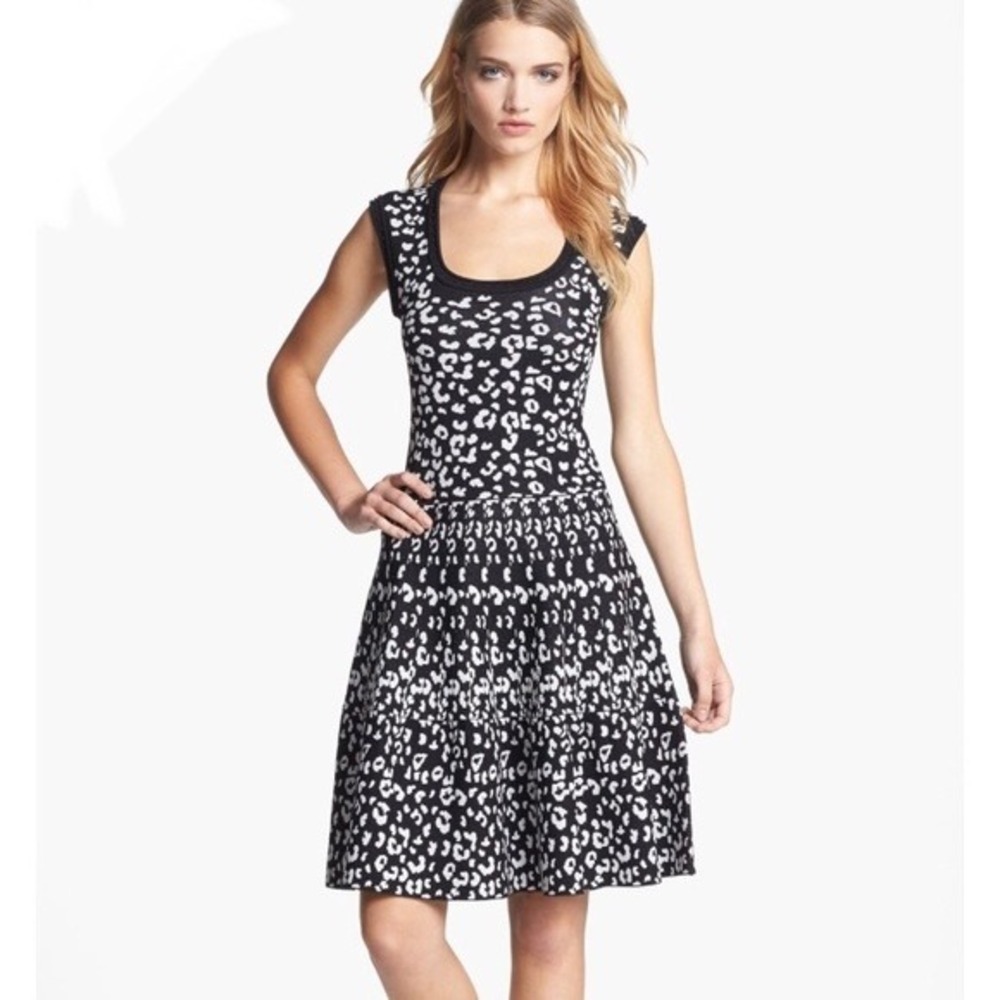 Rebecca Taylor Dress XS Black White Sleeveless Knit Fit & Flare Leopard